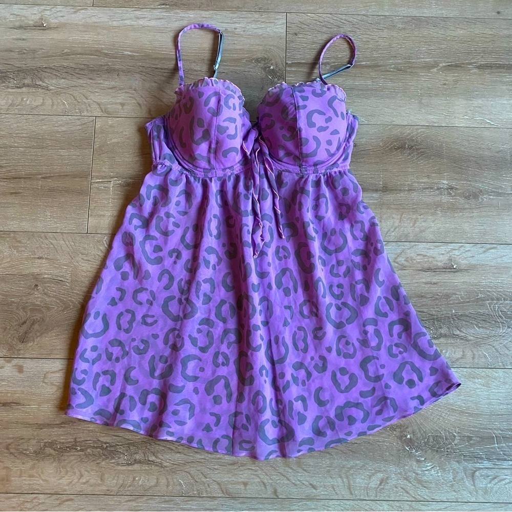 Vintage LaSenza baby doll lingerie negligee purple leopard print Y2K